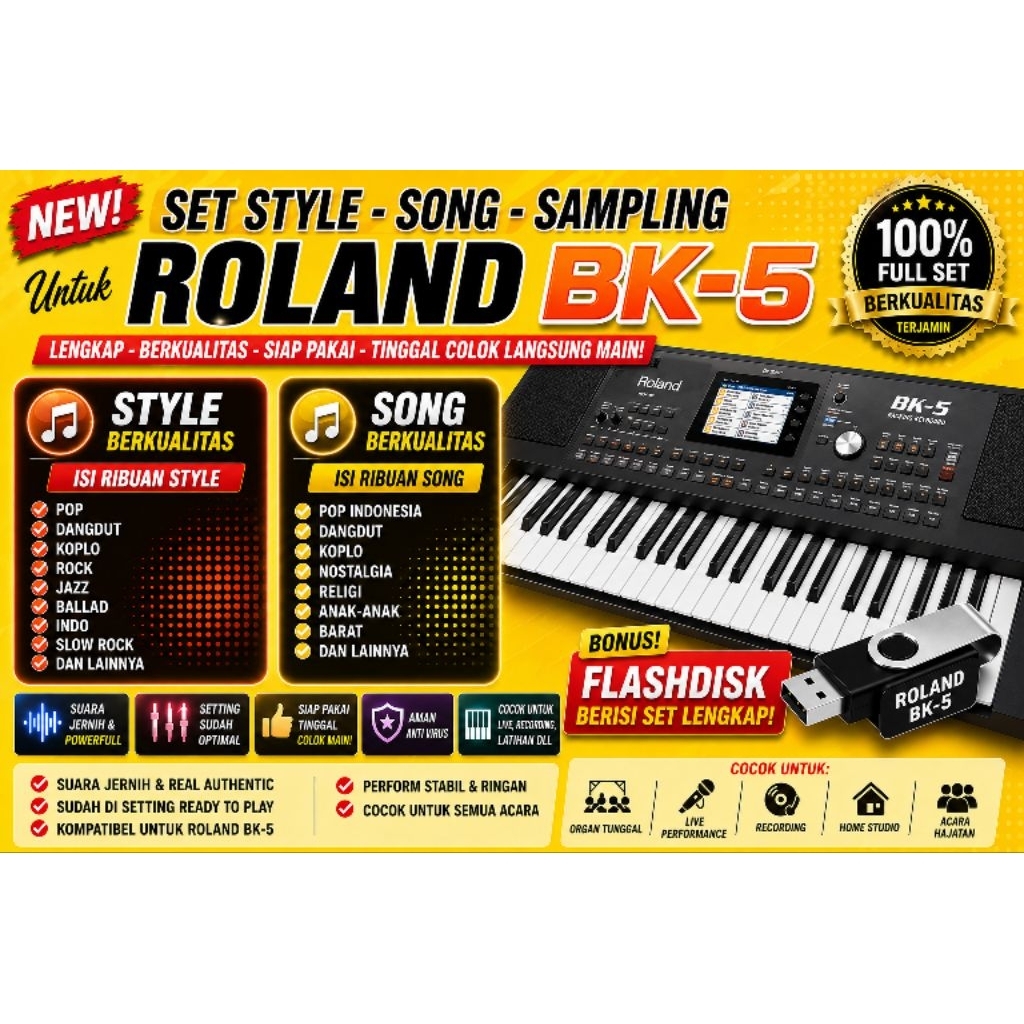 Flashdisk style song Keyboard Roland BK 5 isi ribuan bisa untuk manggung organ tunggal