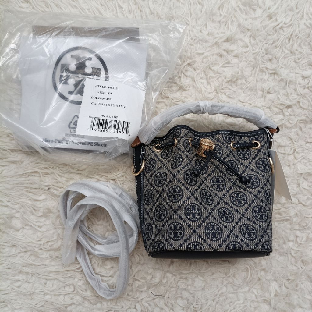TB T Monogram Mini Bucket Bag in Tory Navy kulit asli kulit domba tas selempang sling bag serut
