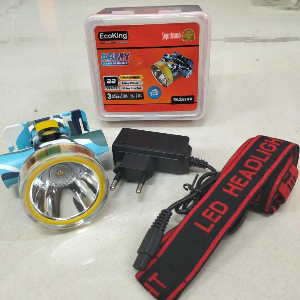 Senter Kepala Ecoking Army diving headlam 22W cahaya putih ll senter kepala cas ecoking 22W original