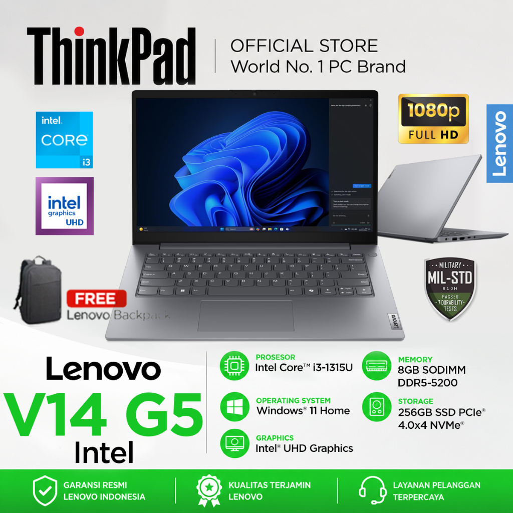 Lenovo V14 Gen 5 Core i3 1315U 8GB 256SSD Windows 11 FHD 14 Inch Laptop Murah 7AID