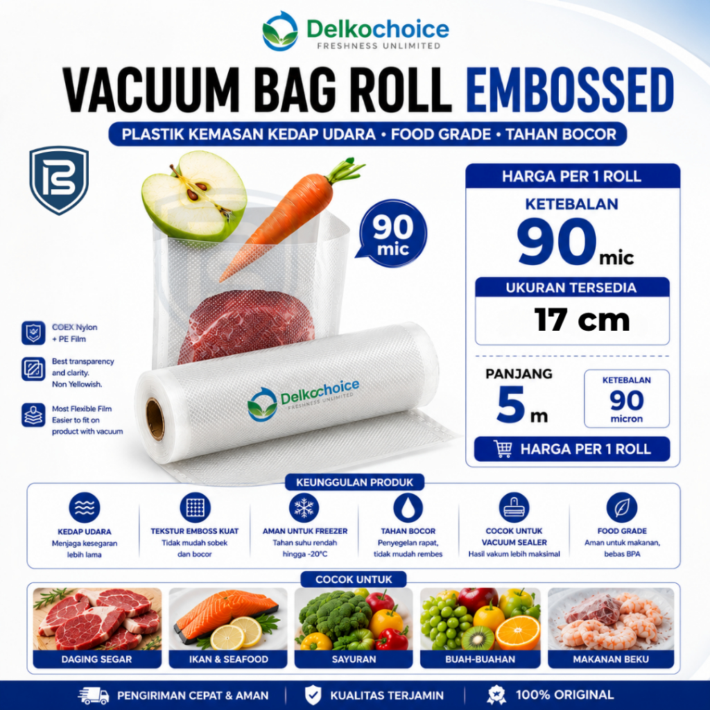 DELKOCHOICE PLASTIK VAKUM VACUUM BAG SEALER MAKANAN ROLL BENING PUTIH EMBOSS 17CM