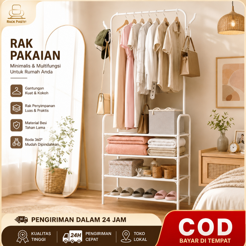COD Rak Gantungan Baju Susun Serbaguna | Stand Hanger Multifungsi Dengan 4 Rak Sepatu Anti Karat | R