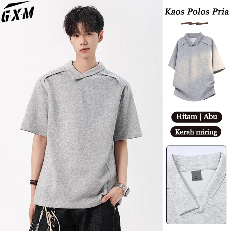 Kaos Polo Pria Lengan Pendek Model Kerah Lipat Unik V-Collar Oversize Premium Bahan Katun Lembut Ade