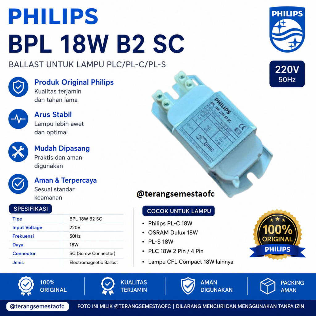 Ballast Philips BPL 18W B2 SC / Trafo PLC Merk Philips 18W