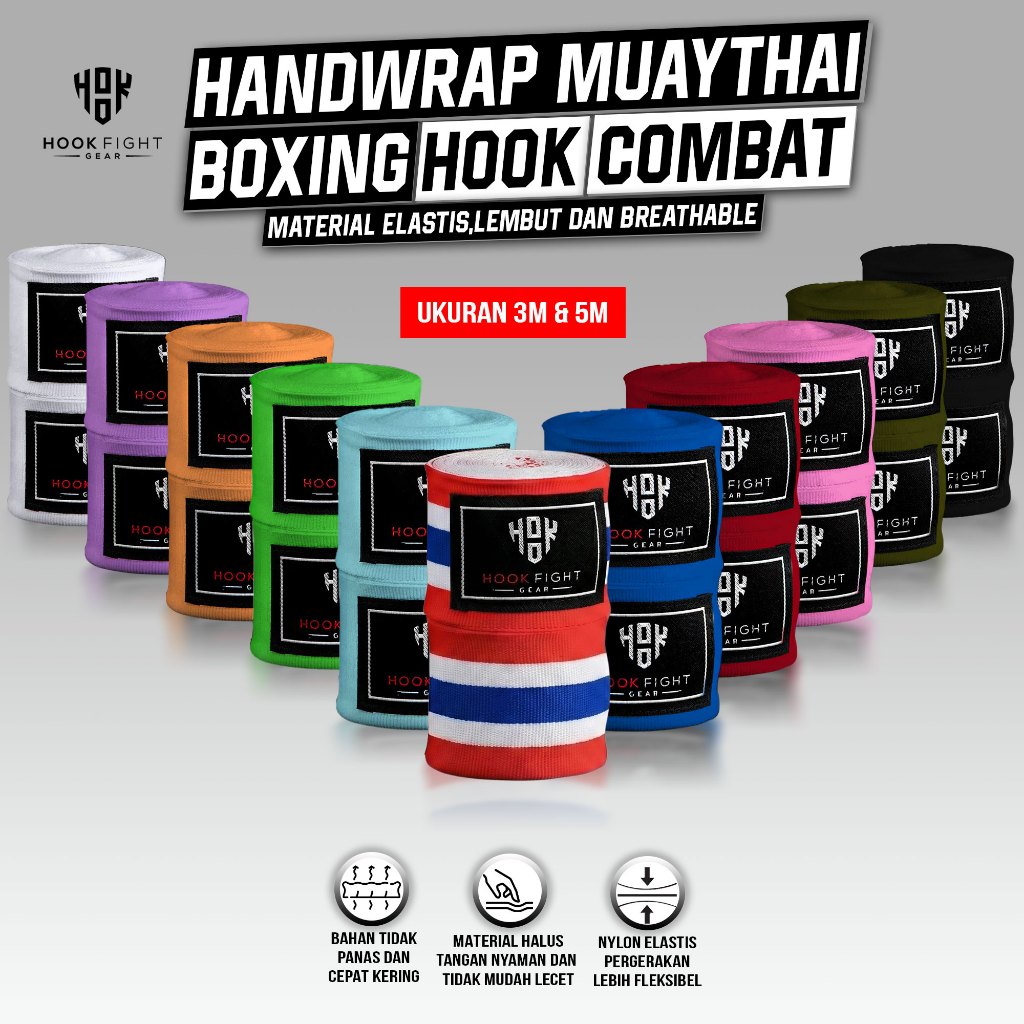 HANDWRAP MUAY THAI HOOK FIGHT GEAR HITAM, BOXING WRAP, BANDASI TINJU, BOXING WRAP, MUAY THAI WRAP
