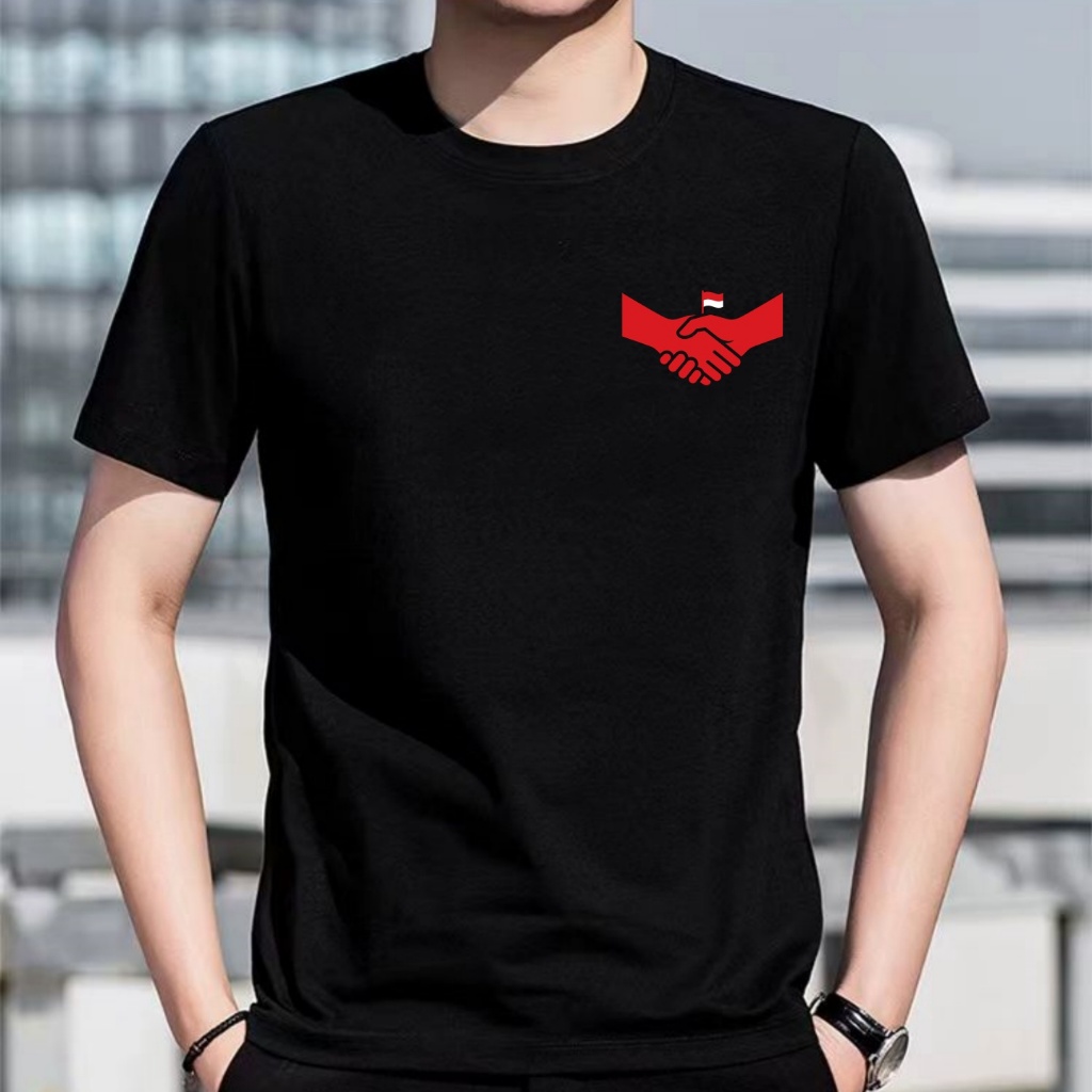 COD-Kaos Pria Lengan Pendek Katun Premium Hitam Polos Sablon Motif Tangan Jabat Bersalaman Bendera I
