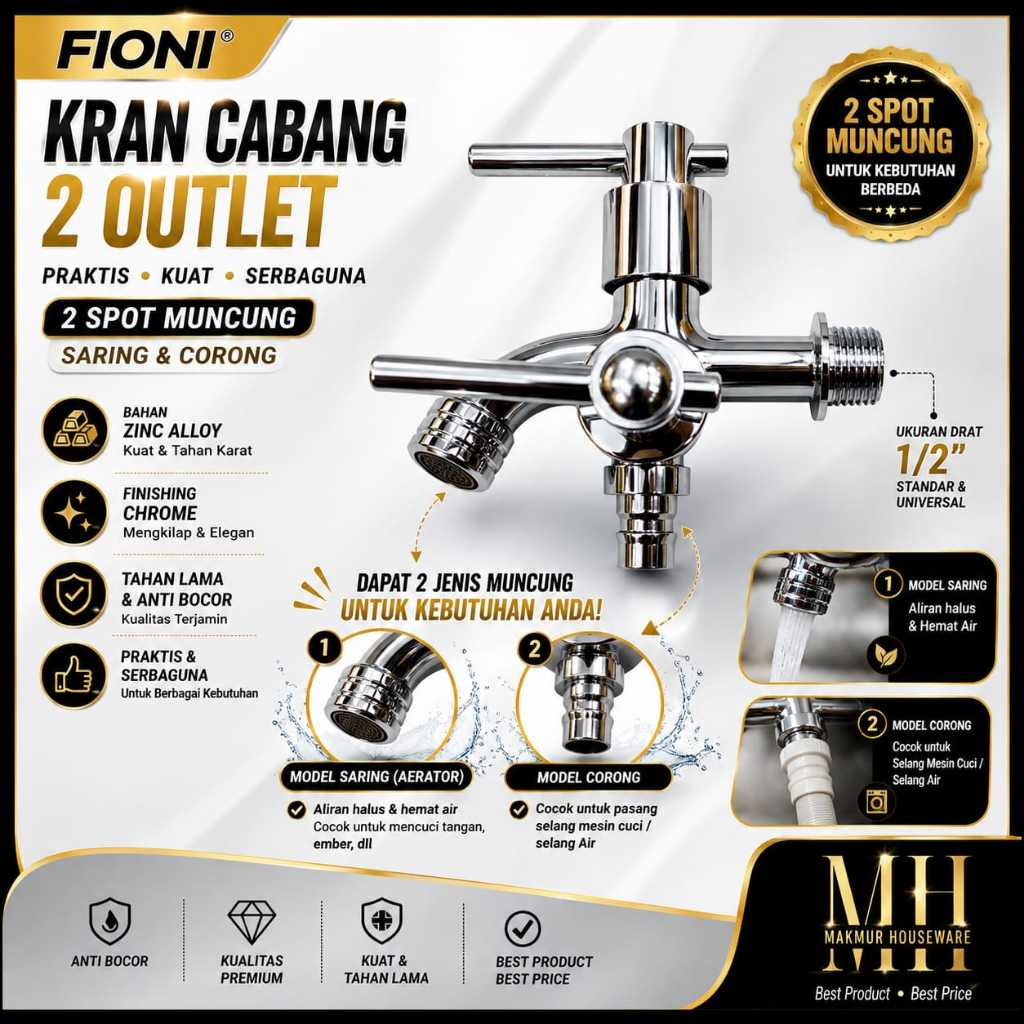 KRAN CABANG SHOWER , MESIN CUCI , SELANG AIR - KRAN AIR CABANG DUA - KRAN CABANG