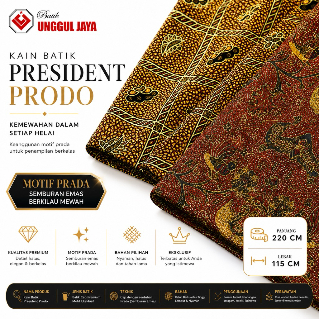 Kain Batik President Prada Emas Premium Jarik Samping Sarung Wanita Pria Dewasa Motif Panjang New