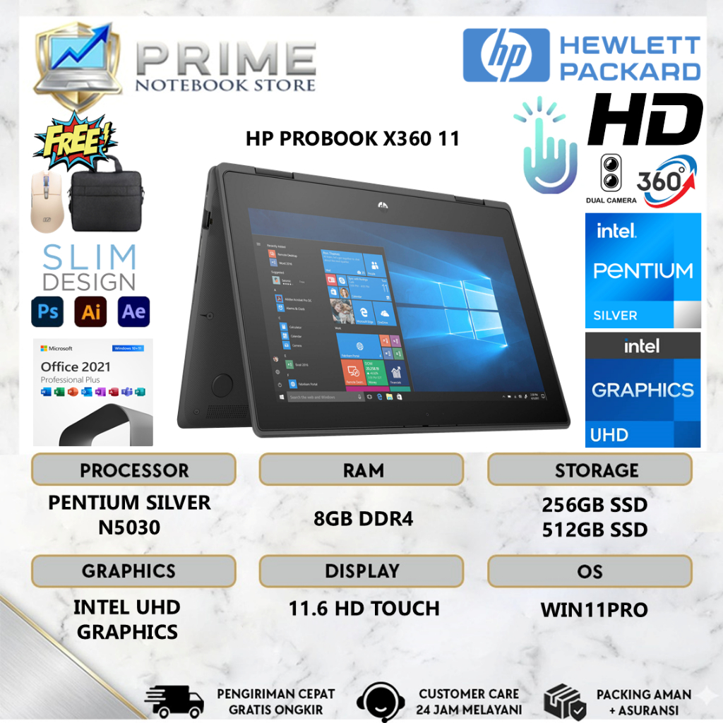 Laptop Touchscreen HP ProBook X360 11 Intel Pentium N5030 RAM 8GB 512GB SSD Win11 Pro