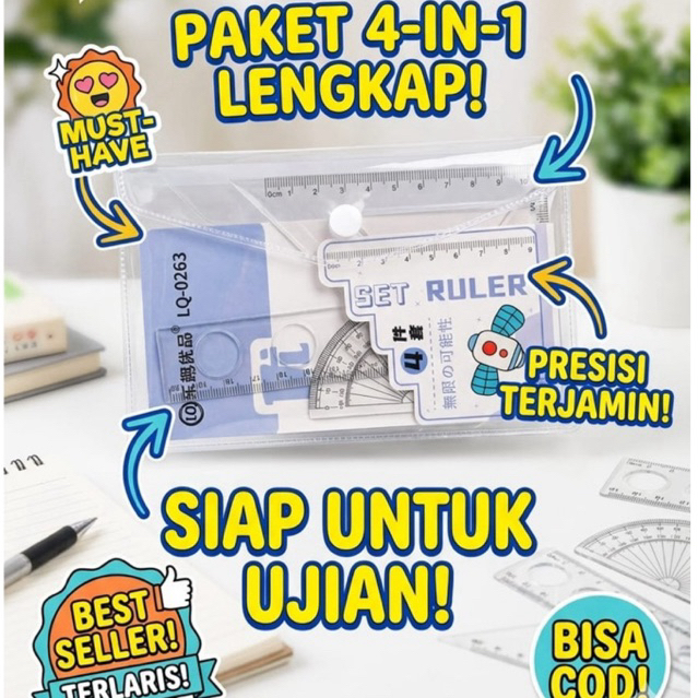 Ruler Set Super Lengkap Isi 4 Pcs Penggaris Busur Segitiga 20cm Paket Perlengkapan Sekolah Anak ATK 