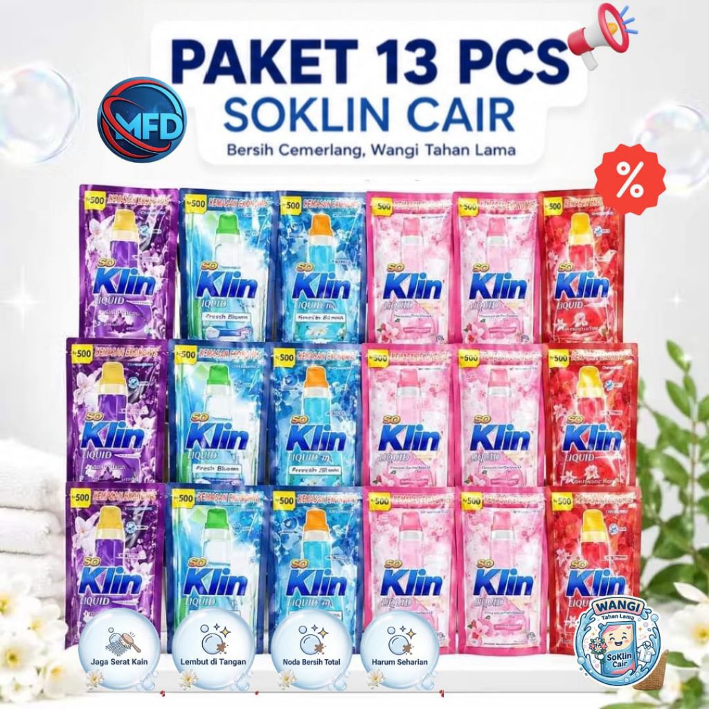Soklin Liquid Cair Sachet 12 pcs - Anti Bakteri, Lembut di Tangan, Ramah Lingkungan