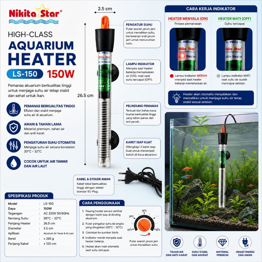 Heater Aquarium NIKITA STAR LS-150 150W Pemanas Air Akuarium Otomatis Adjustable 20-32°C untuk Air Tawar & Air Laut