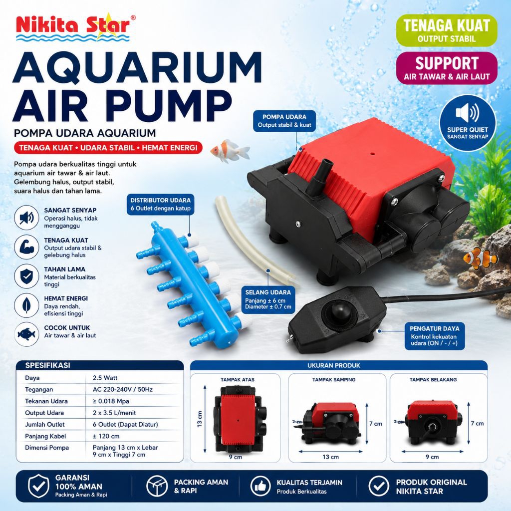 NIKITA STAR Aquarium Air Pump NS 30 / NS 40 / NS 60 Pompa Udara Aquarium Kolam Ikan Super Senyap