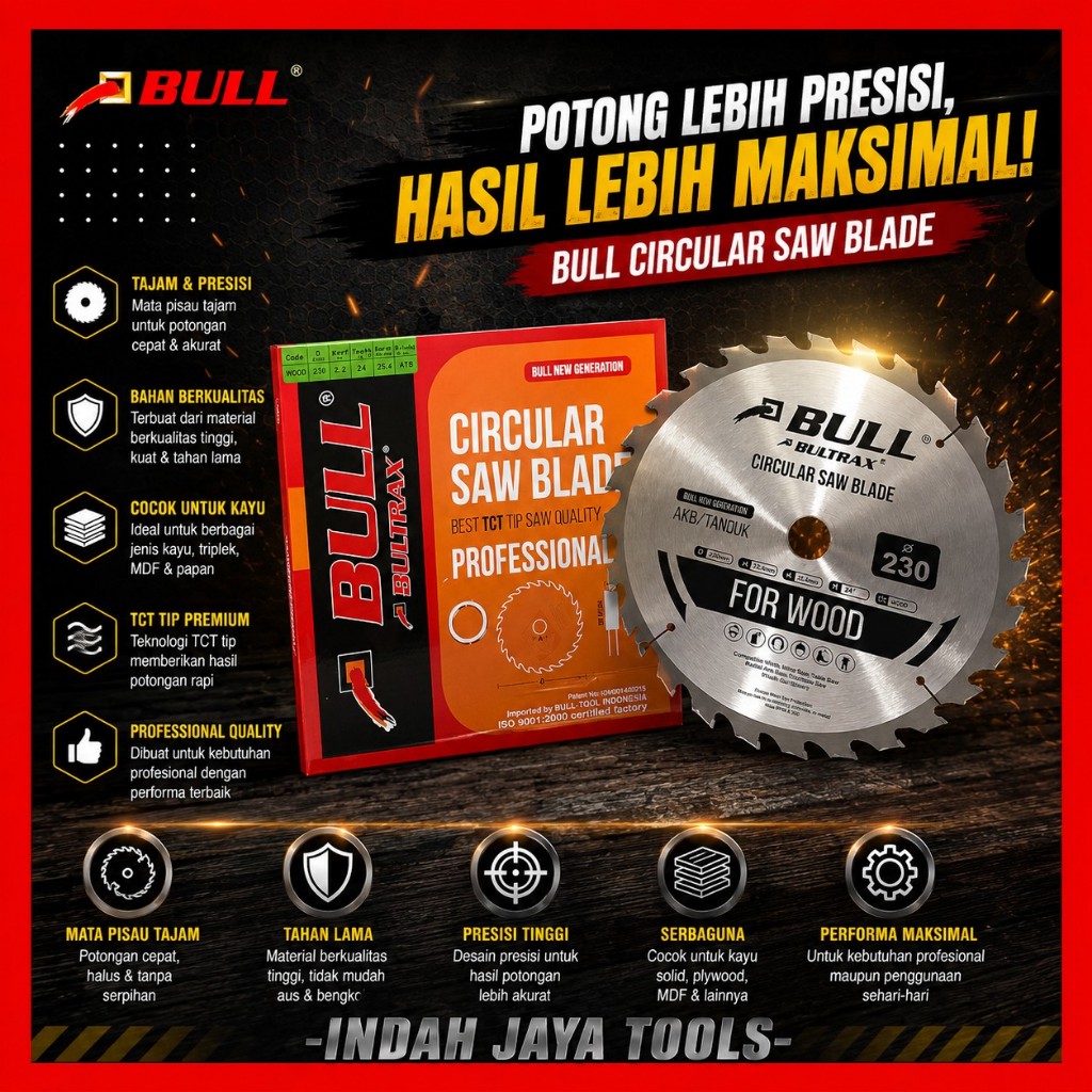 BULL TANDUK 230 x 24T Circular Saw Blade 9 Inch - Mata Gergaji Kayu Bulat TCT TIP Saw