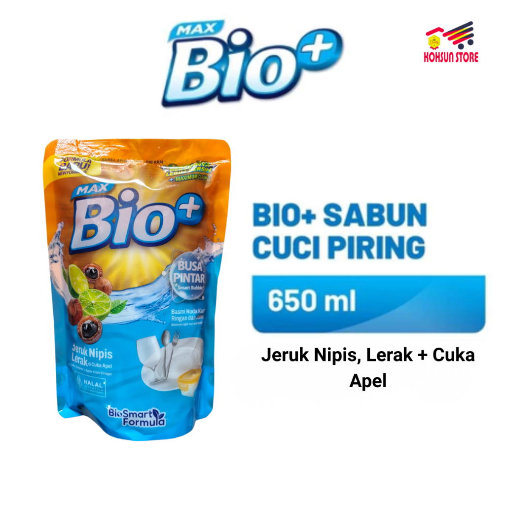 Max Bio+ Liquid Dishwash Jeruk Nipis, Lerak + Cuka Apel 650 ml - Bio Smart Formula - Sabun Pencuci P