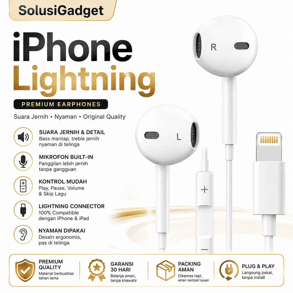 Earphone iPhone Lightning Original EarPods Headset Kabel Mic HD Bass Stereo