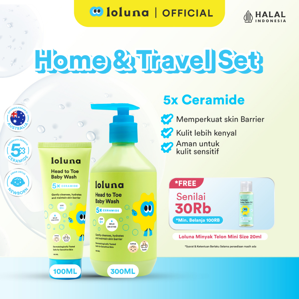 LOLUNA Home & Travel Set - Head to Toe Wash 100ml/ Head to Toe Wash 300ml - 5x Ceramide/ Skin Barrie