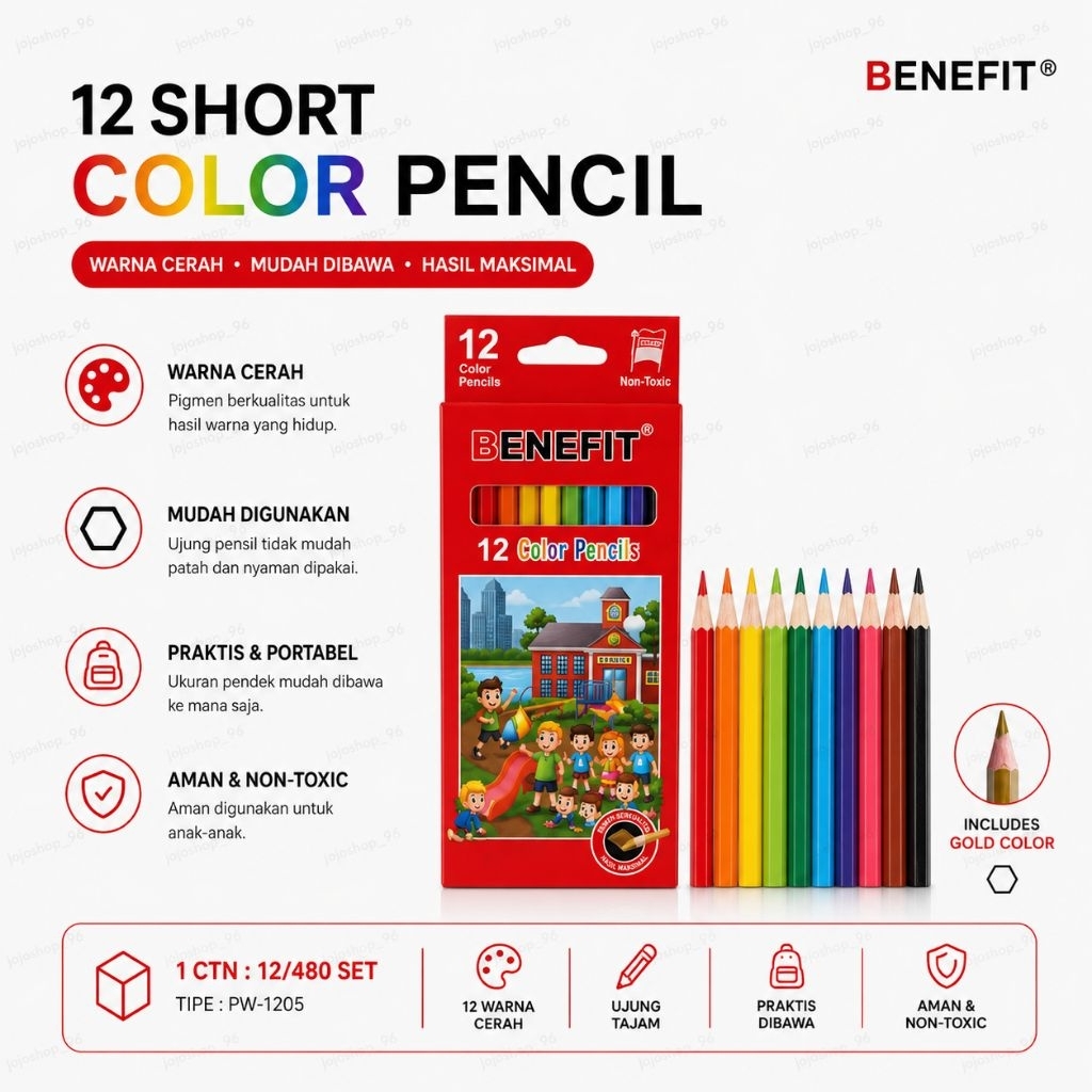Pensil Warna BENEFIT PW-1205 Pendek, Pigmen Berkualitas, Warna Cerah, Include Warna Emas