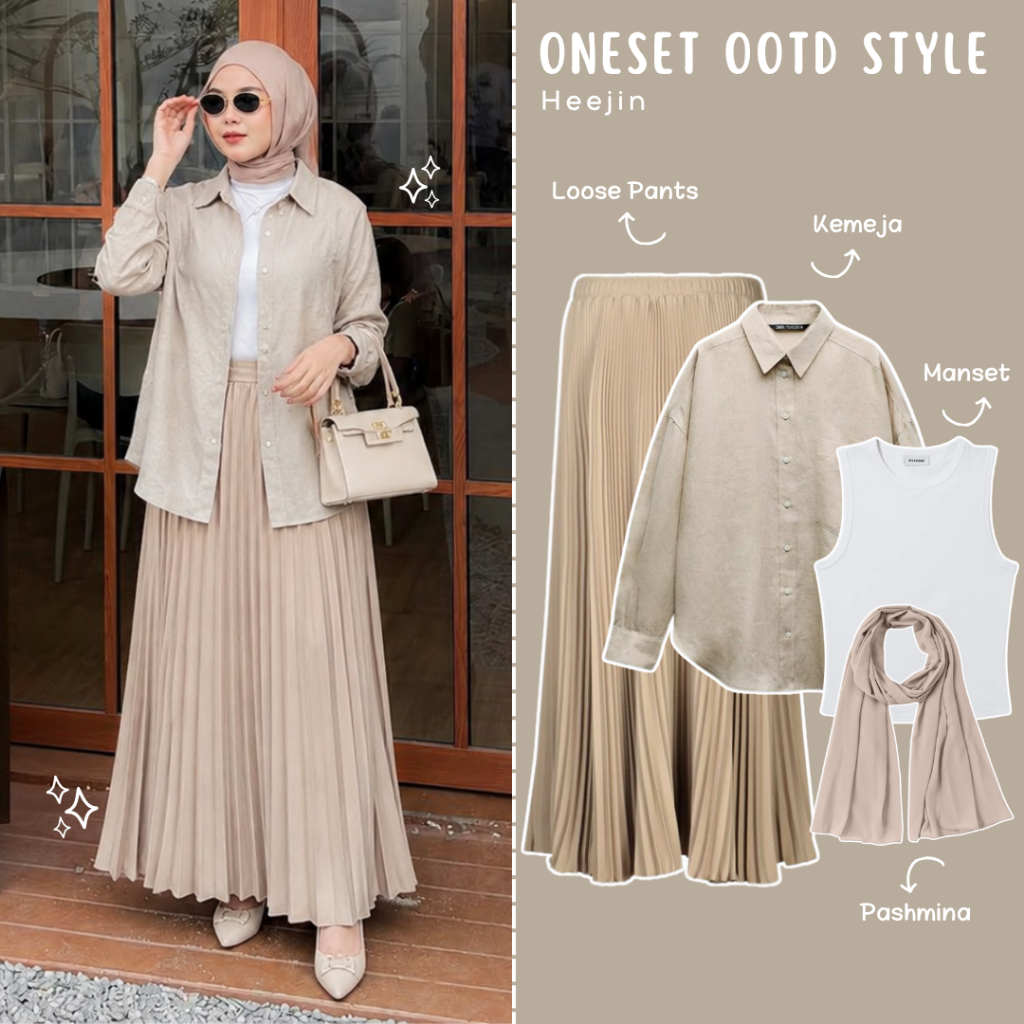 Heejin One Set OOTD Hijab Kekinian | Kemeja Casual + Manset Basic + Rok Plisket Premium + Pashmina |