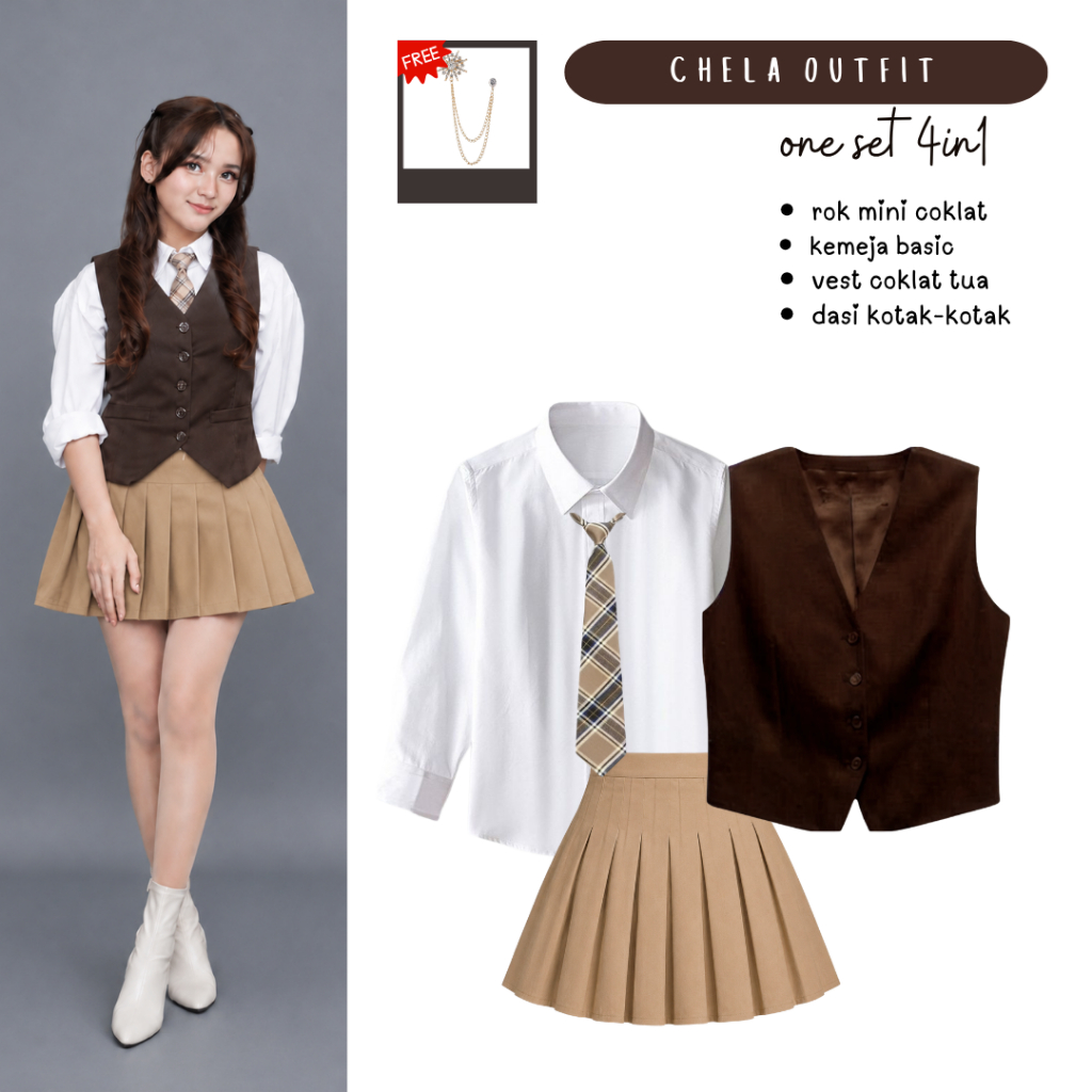 Outfit Yearbook Dark Academia | Kemeja, Vest Coklat, Rok Mini, Dasi | OOTD Vintage Aesthetic - FC119