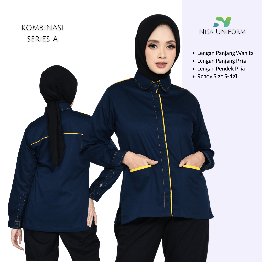 Baju Kemeja Lengan Panjang Pria/Seragam Kerja Kantoran/Baju Navy Lis Kuning Lengan Panjang