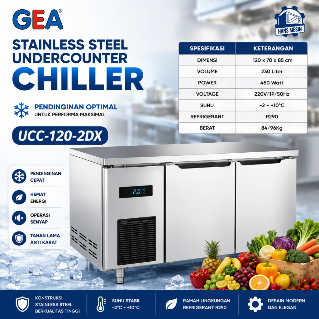 GEA CHILLER STAINLESS STEEL 2 PINTU / UNDERCOUNTER CHILLER (GEA ) UCC-120-2DX