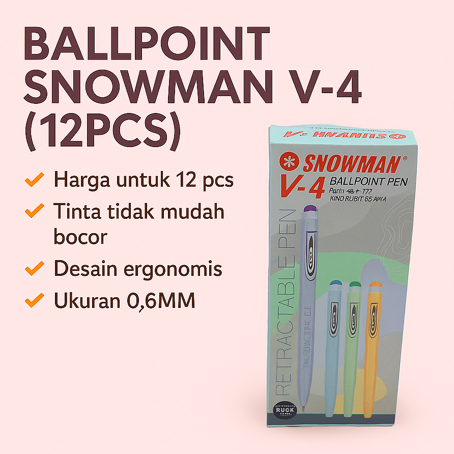 (12 PCS) Bolpen Snowman V-4 0.6mm / Ballpoint Snowman V-4 / Pen Snowman V-4
