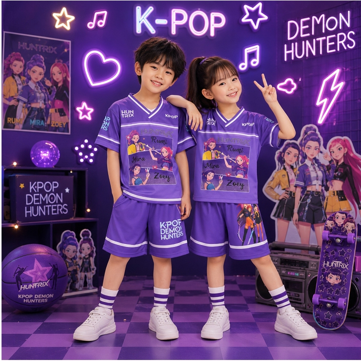 Setelan Jersey Anak Perempuan Usia 2-10  Tahun - Baju Jersey  Kpop Huntrix - Baju Jersey Kuromi