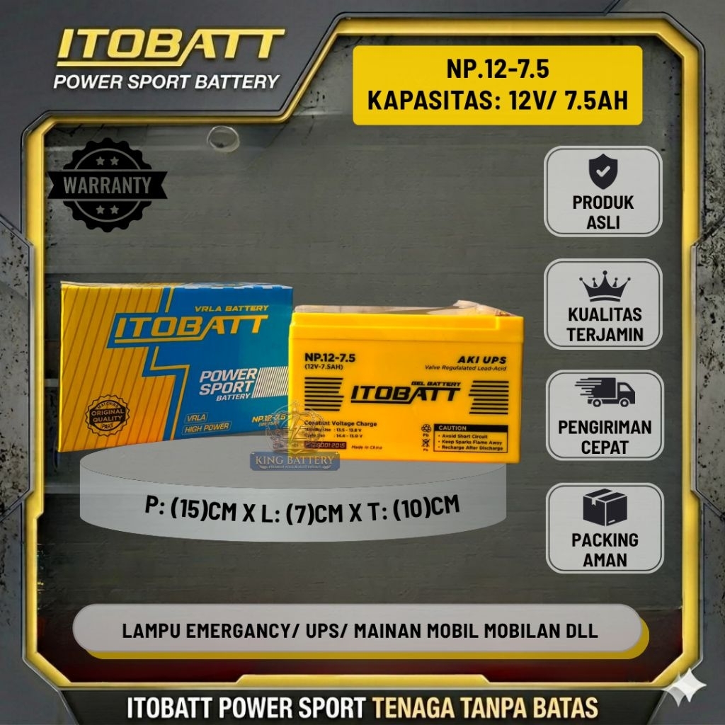 Aki Motor Itobatt Np.12-7.5 7.5Ah Lampu Emergancy UPS Mainan Mobil Mobilan Original