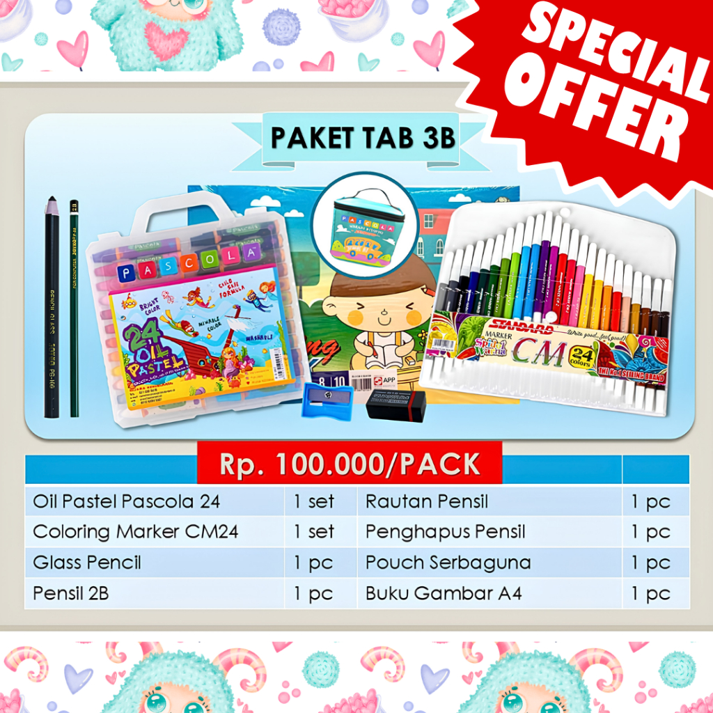 Standard - Paket TAB 3A / 3B ( Oil Pastel Pascola/Coloring, Lite Me Dualtip, Pencil, Penghapus, Raut