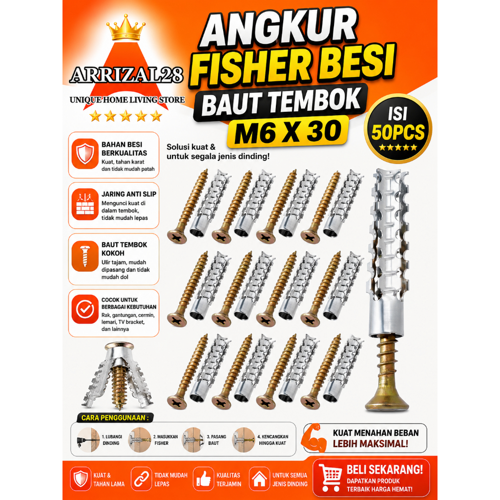 ANGKUR FISHER BESI BAUT TEMBOK M6X30 ISI 50PCS