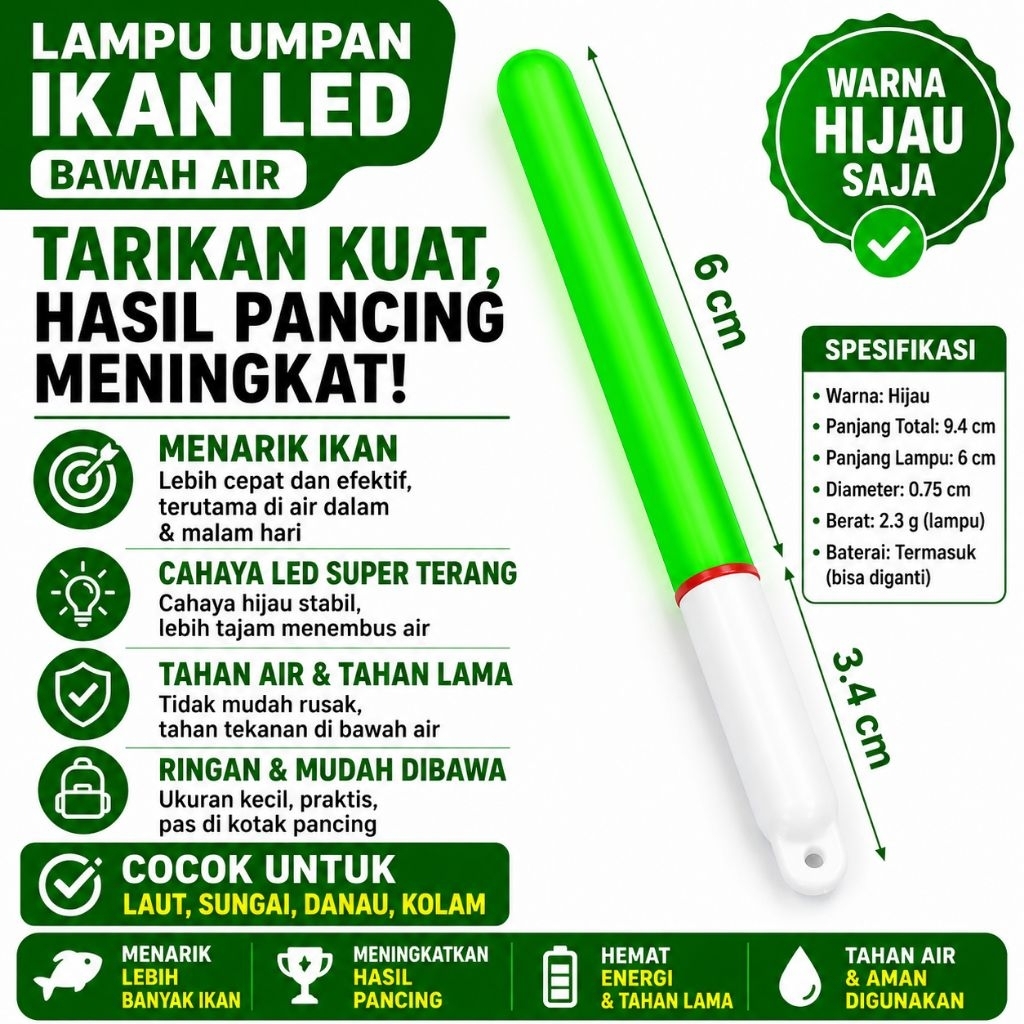 kambangan pelampung pancing Lampu LED Pancing Bawah Air Hijau | Penarik Ikan untuk Laut, Sungai & Ko