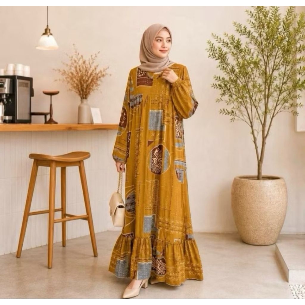 abaya gamis aisyah tribal mustard ori ayunabella