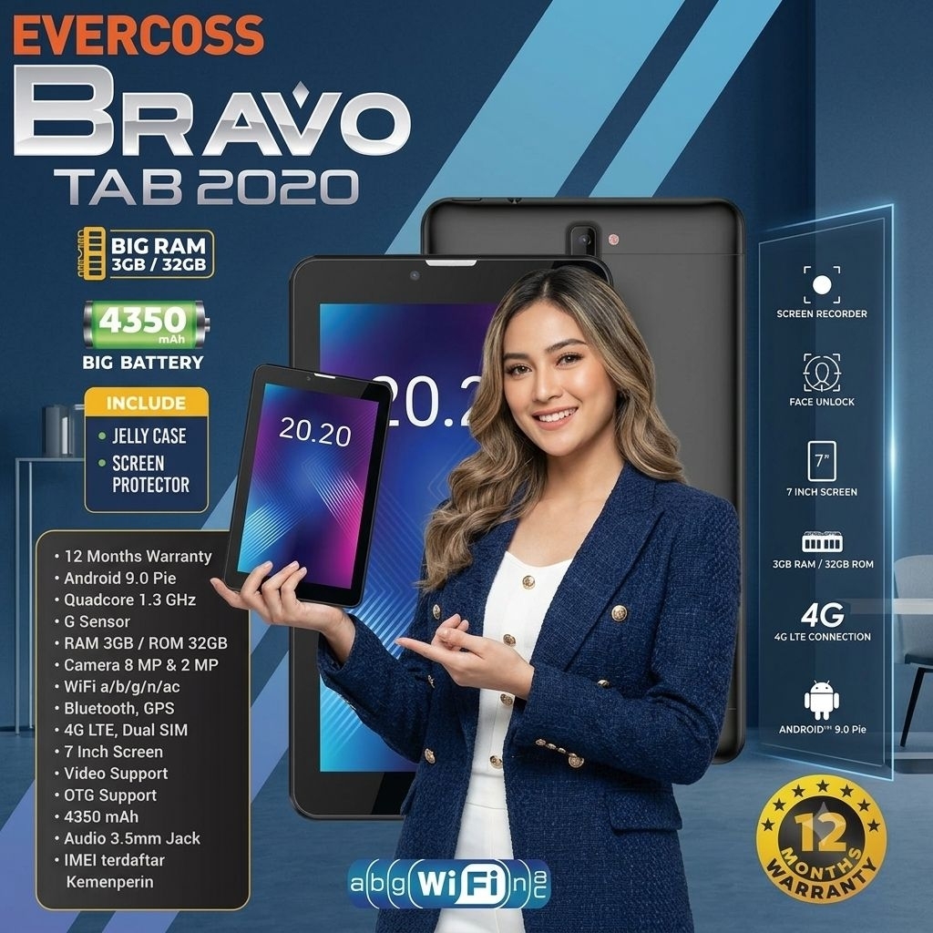 Evercoss Bravo 2020 Tablet Tab RAM 3GB ROM 32GB Layar 7 Inch 4G LTE