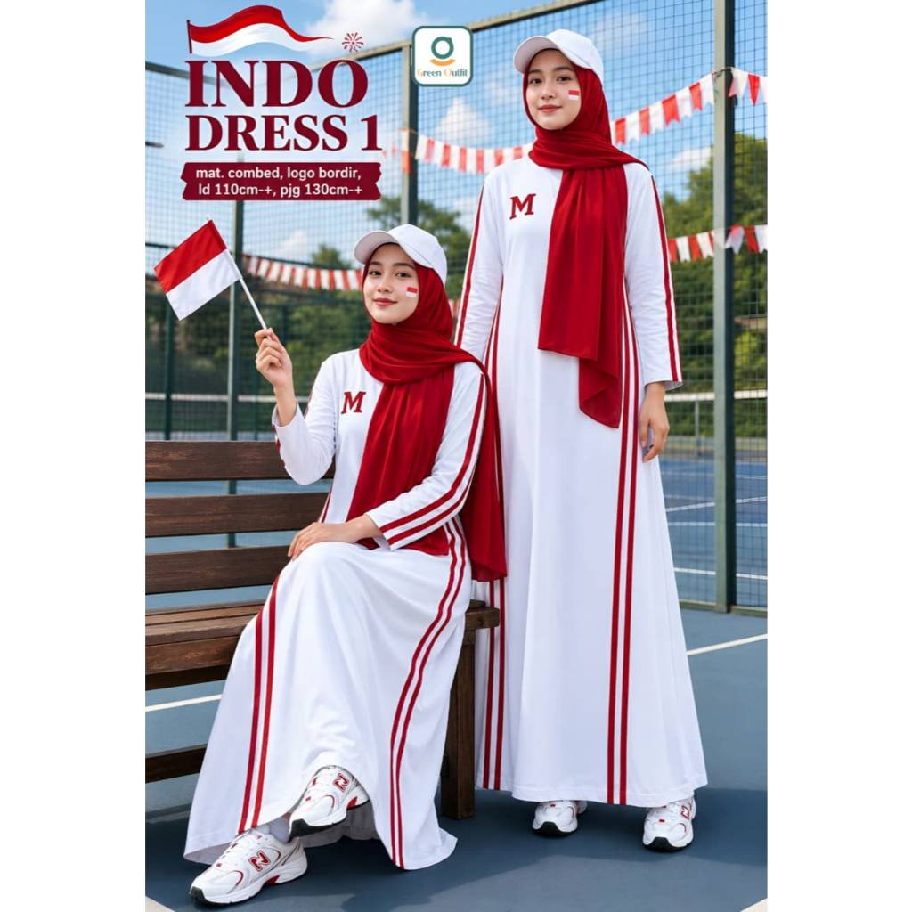Dress Gamis Olahraga Merah Putih HUT RI 17 Agustus Combed Bordir M LD 110 PB 130cm Sporty Muslimah