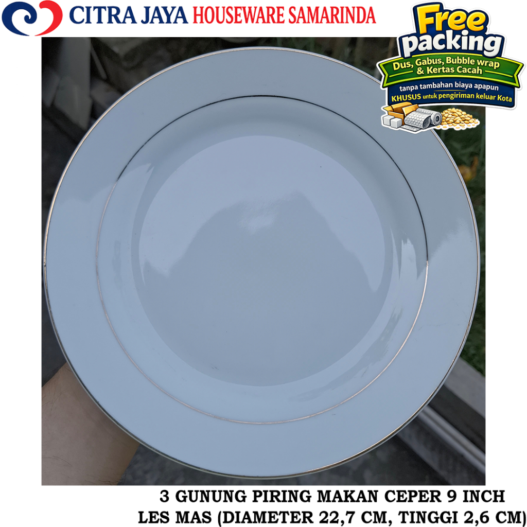 Piring MAKAN CEPER 9 INCH (6 PCS / 1 LUSIN) 3 GUNUNG LES MAS KERAMIK
