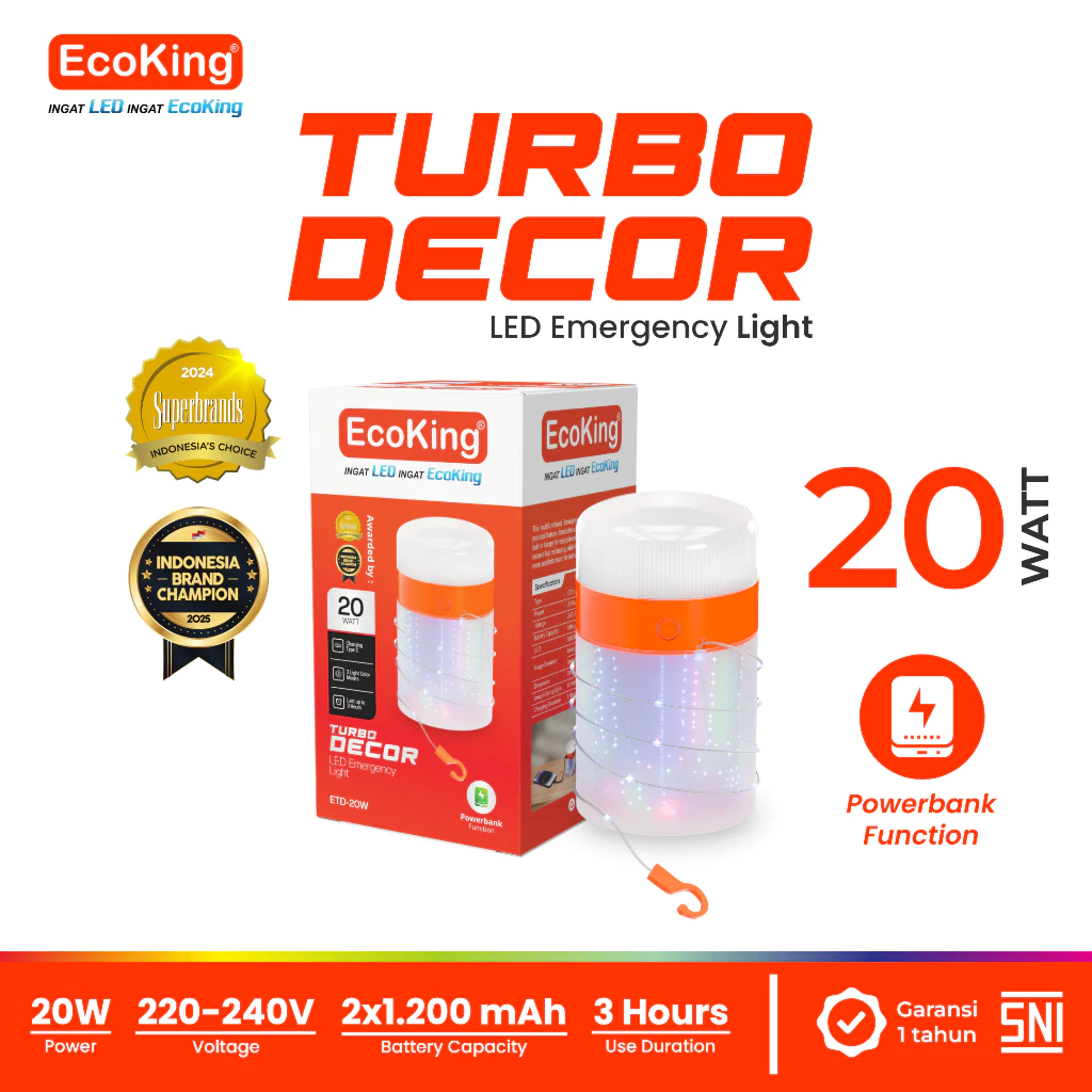 Lampu LED Emergency Light 20W 10 Meter EcoKing Turbo Decor - Lampu Hias & Darurat Rechargeable Power