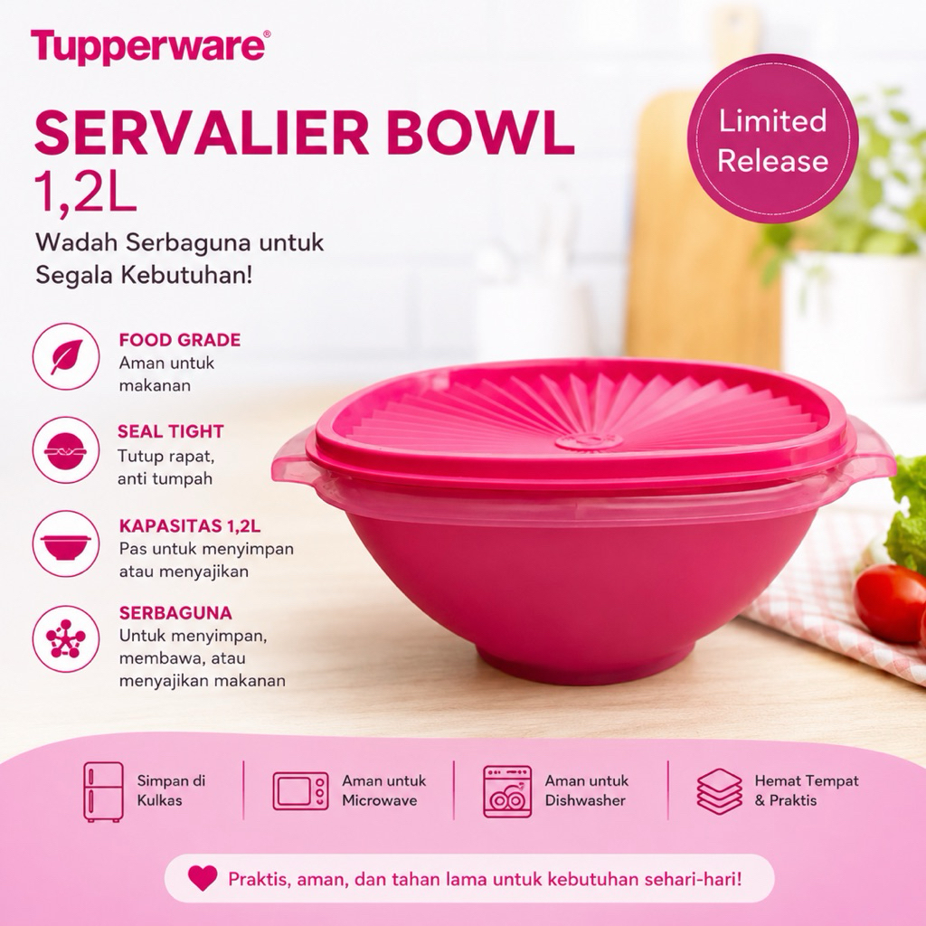 tupperware servalier bowl 1,2L warna pink / bakul nasi