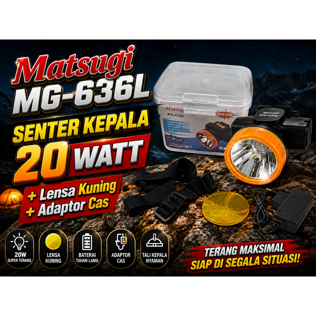 senter kepala 20w di jamin terang Matsugi MG-636L lensa kuning adaptor cas head lamp camping