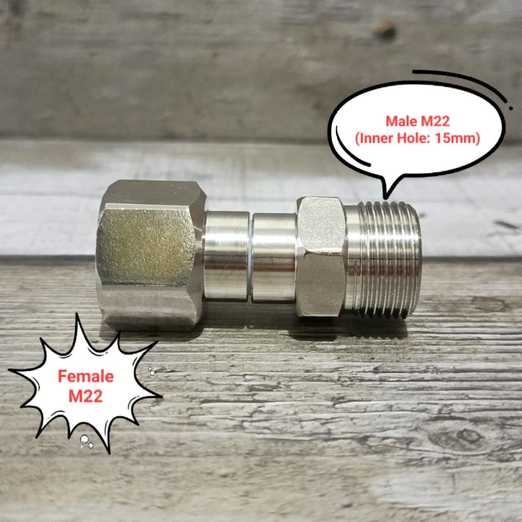 Konektor Adaptor Sambungan Swivel 360° Female M22 x Male M22 (Selubung 15mm)