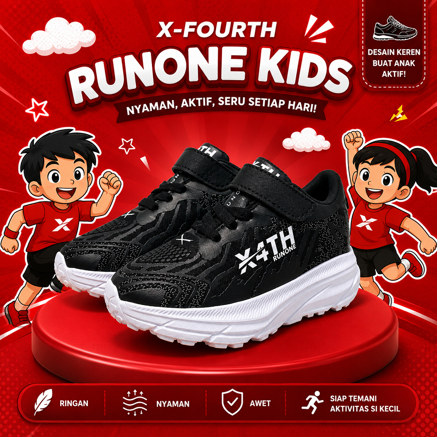 Sepatu Anak X-Fourth Runone Kids Bold Black - Sepatu Sneakers Anak Hitam Sporty Ringan Kuat Anti Sli