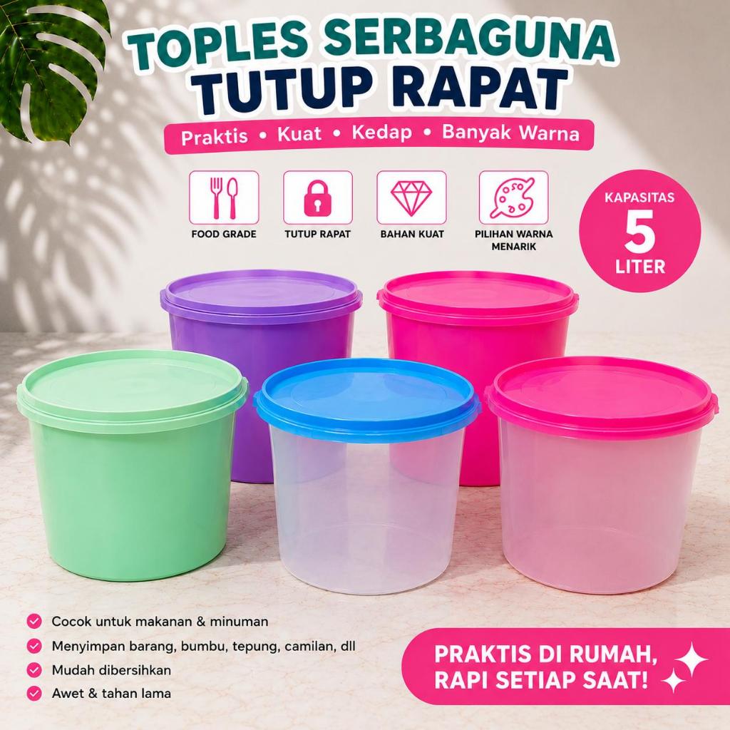 (3 PCS) TOPLES 5 LITER / TOPLES SERBAGUNA / TOPLES CEMILAN / TOPLES PLASTIK TUTUP RAPAT WADAH KERUPU