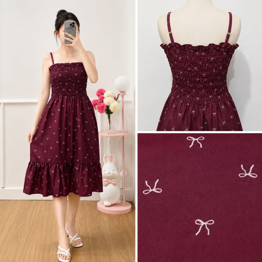Babydoll Dress Tali Wanita / Dress Tanktop / Dress Smocked Full