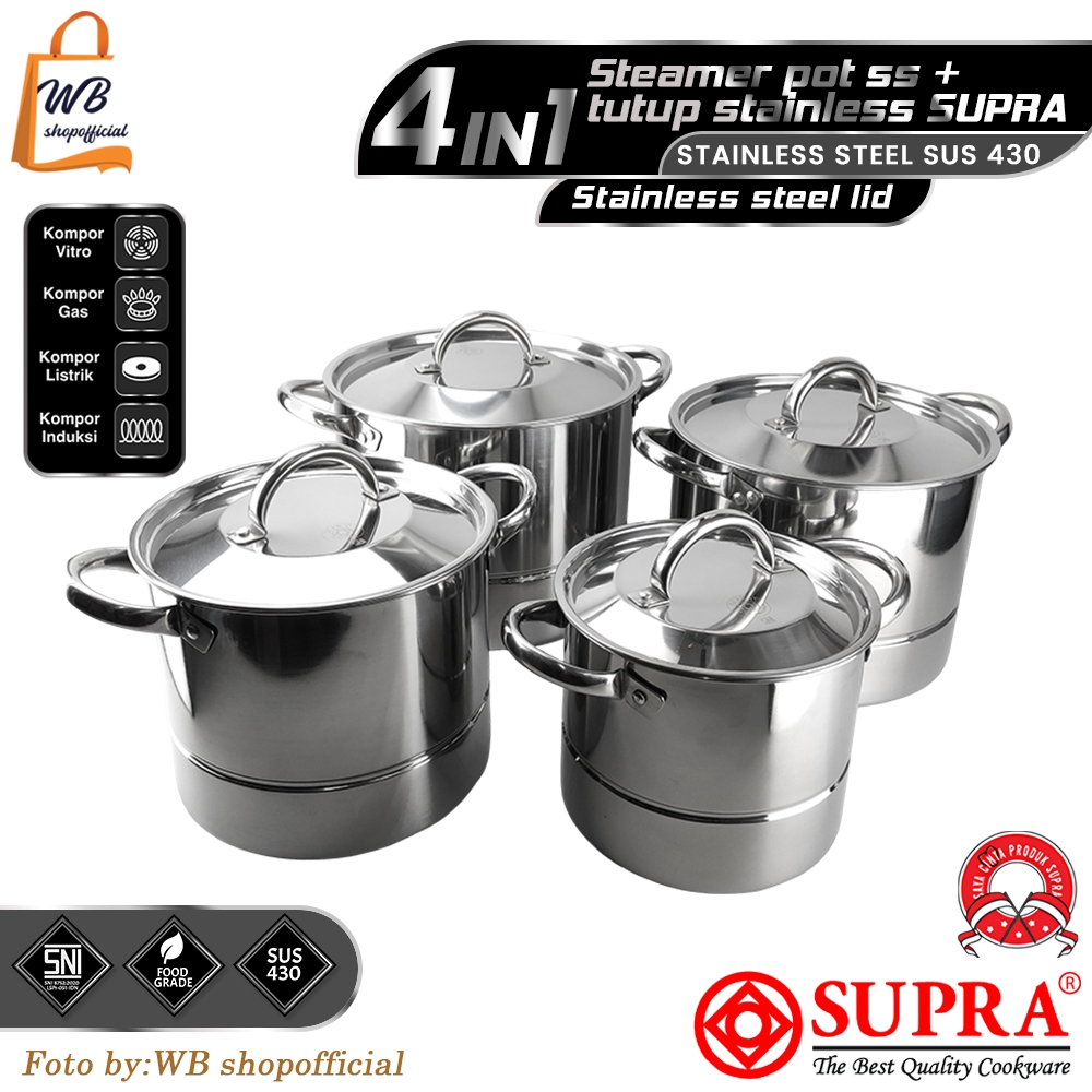 Supra Steamer 4in1 + tutup stainless / panci stockpot kukus besar + sarangan 8/12/16/20QT