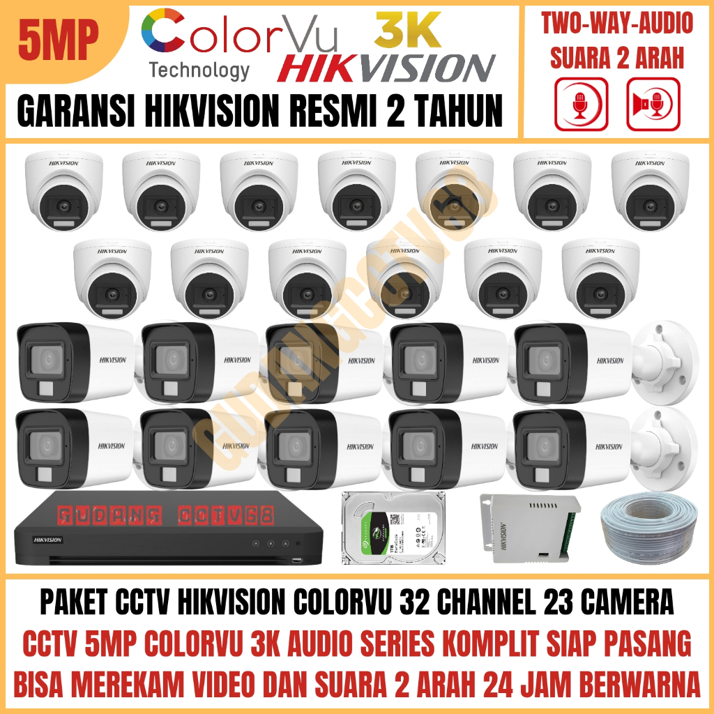 Paket CCTV HIKVISION COLORVU 32 Channel 23 Camera 5MP 3K Full Colour AUDIO TWO WAY Komunikasi 2 ARAH