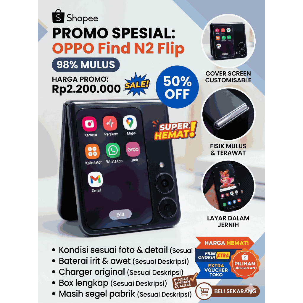 Oppo Find N2 Flip 5G 8/256GB Second Original - Minus Green Line Layar Lengkap Box