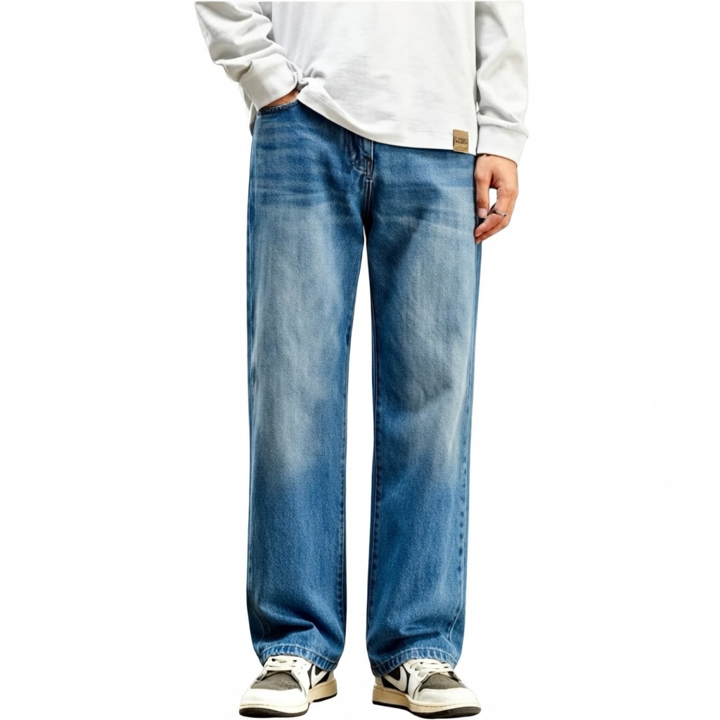 HIGHCLASS - Celana Jeans Panjang Pria Koreanstyle Celana Loosefit Wisker Retro/Baggy Jeans Pria Gomb