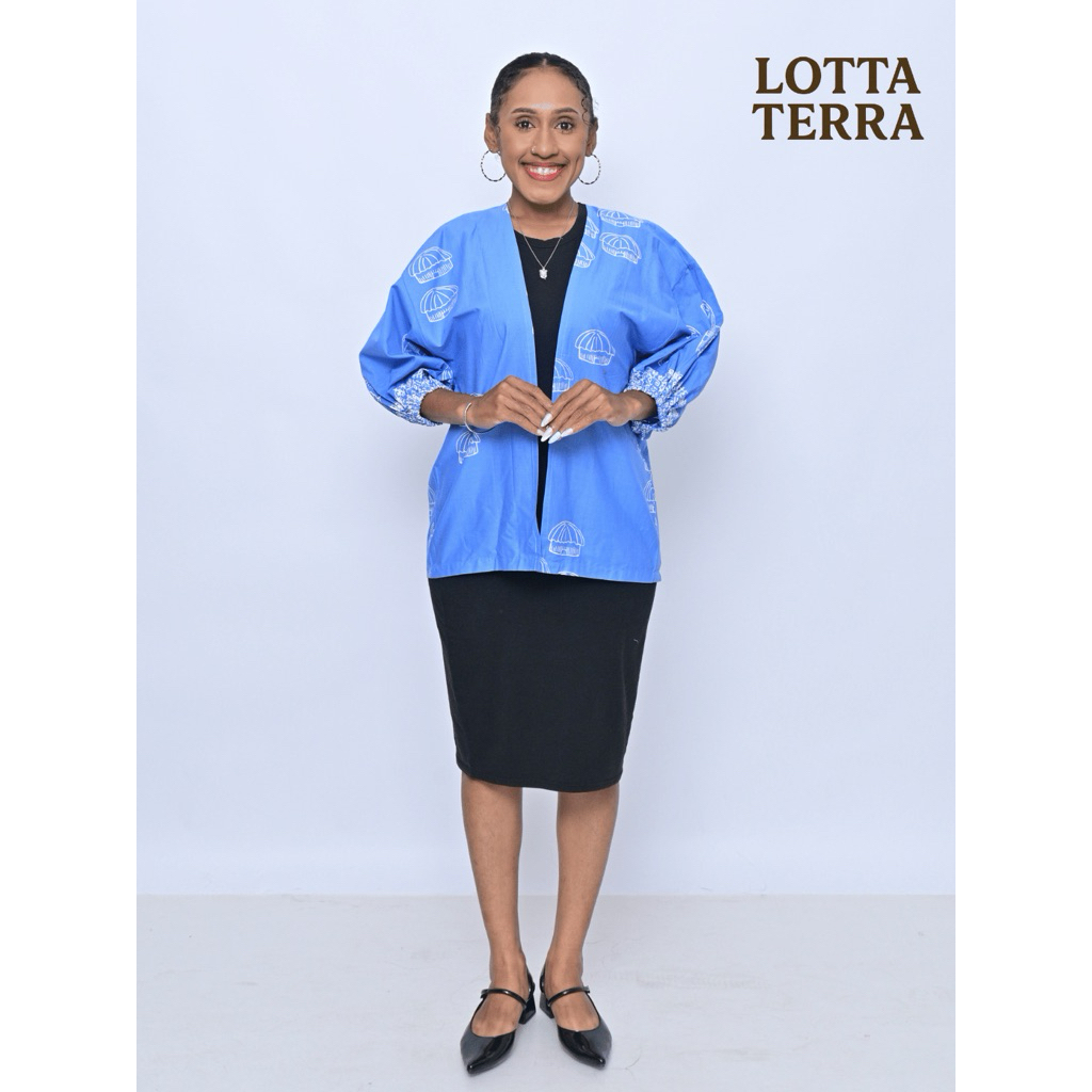 Lotta Terra Balo Outer Batik Papua Biru Langit Motif Honai Tifa Sisir Bambu | Outer Wanita All Size