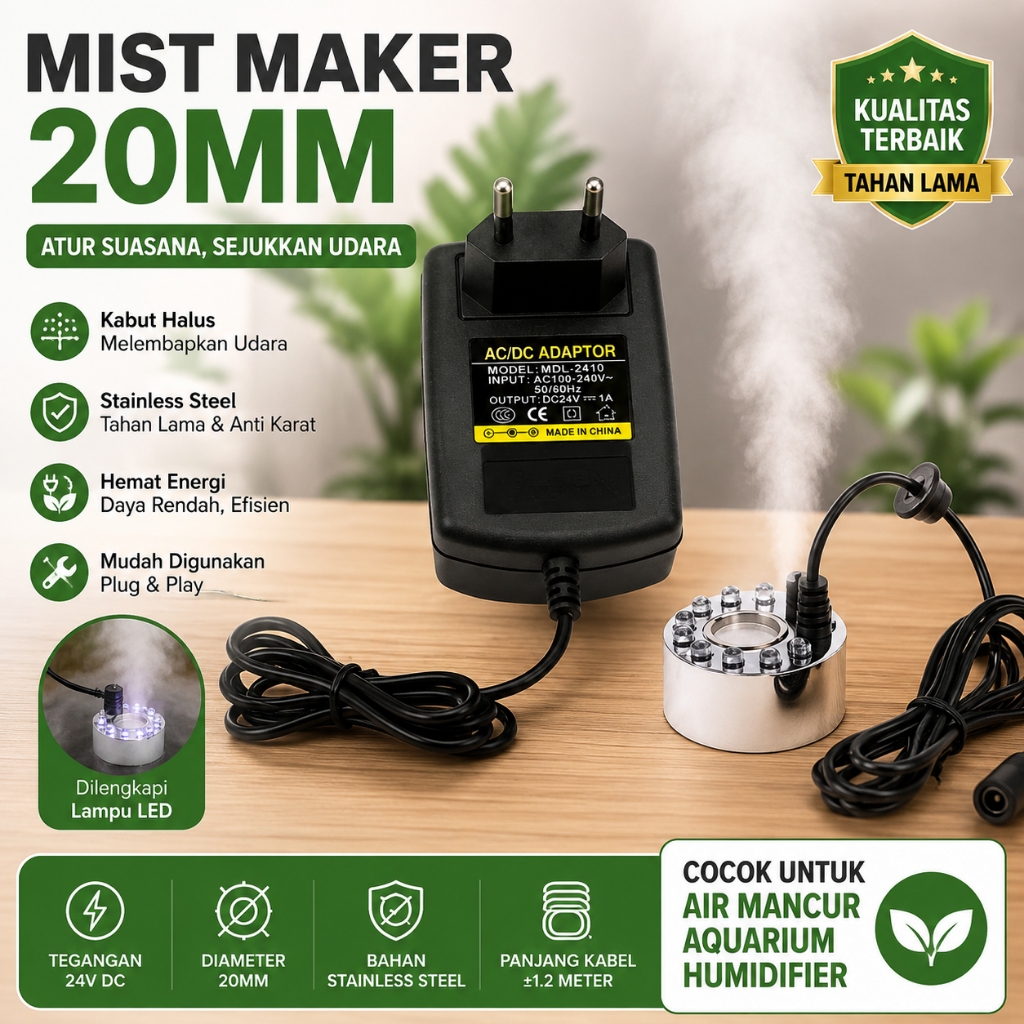 Mesin Kabut Mist Maker 20MM Stenlis Dan Adaptor 24V 1A Mist Maker Hitam Mist Maker LED