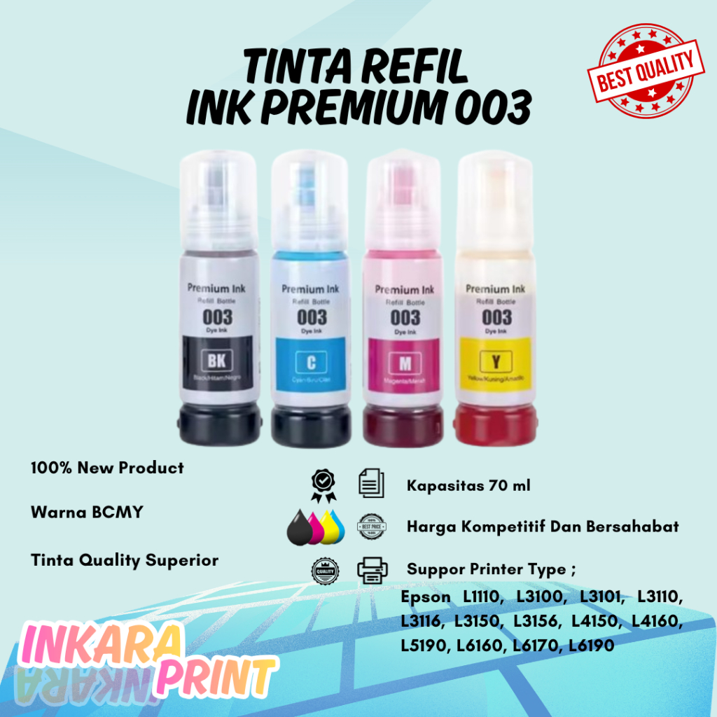 Tinta Refill Epson 003 Ink 1Set For Printer Epson L1110 L3210 L3110 L3210 L5190 L5290- 1Set